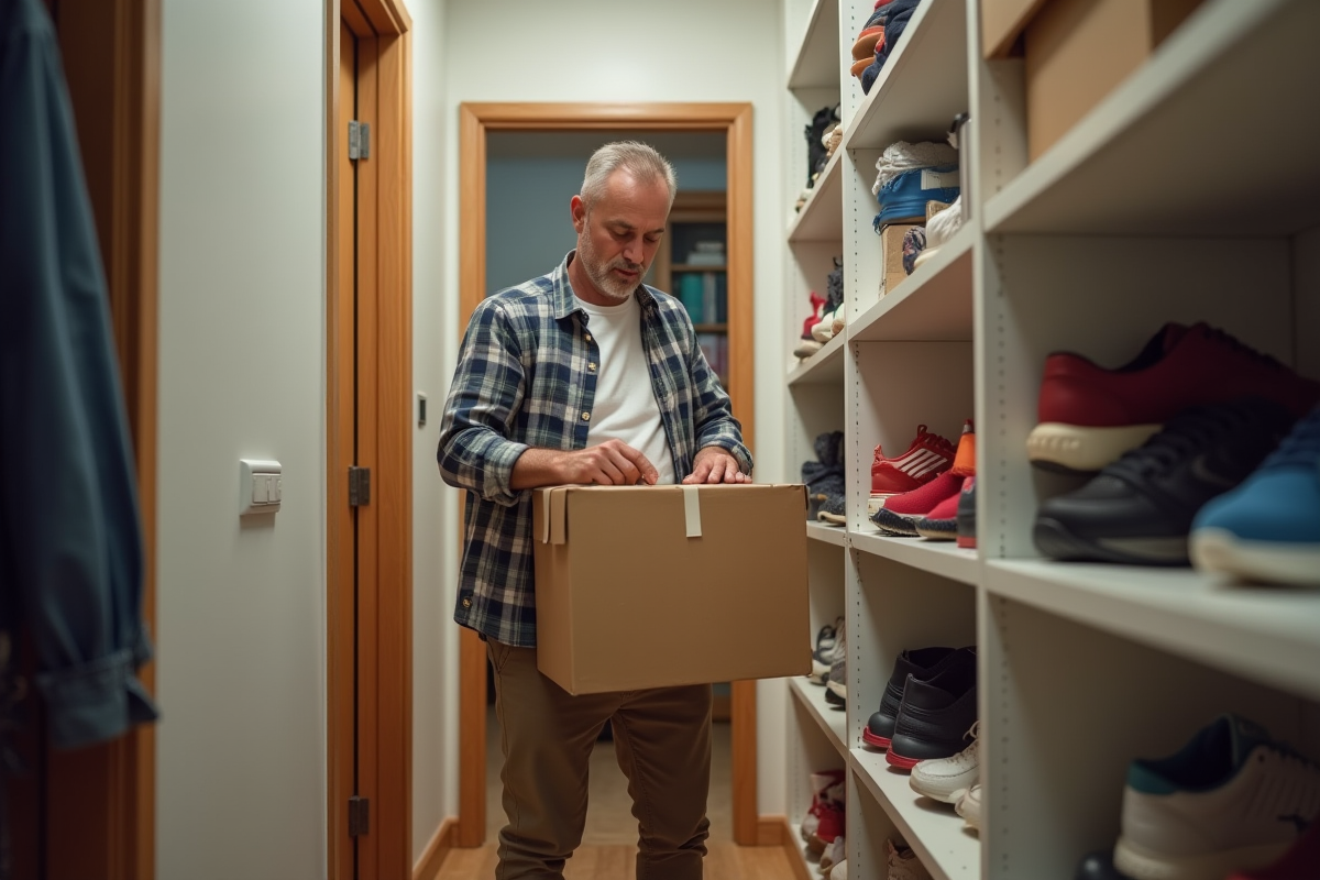 Homme ferme une boîte en carton dans un couloir ordonné