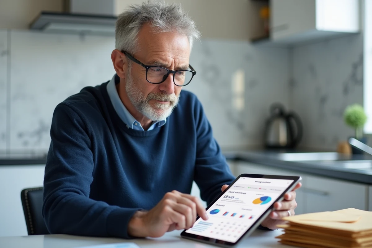Homme d'une cinquantaine d'années consultant son espace client Foncia sur une tablette pour comprendre ses charges de copropriété