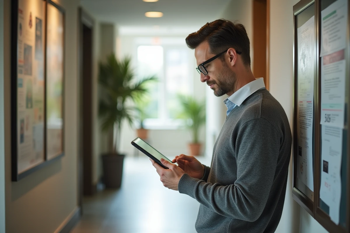 Homme vérifiant ses comptes dans un hall d