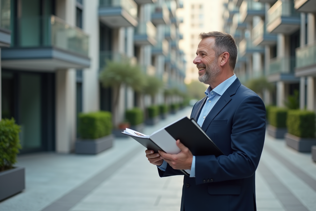 Homme d'âge moyen en costume navy regardant un immeuble