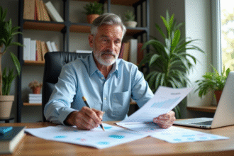 Homme d'âge moyen analysant des graphiques financiers dans un bureau