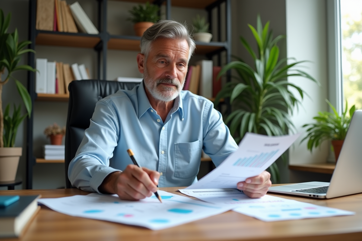 Homme d'âge moyen analysant des graphiques financiers dans un bureau
