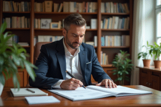 Homme d'affaires lisant des documents de renovation immobiliere