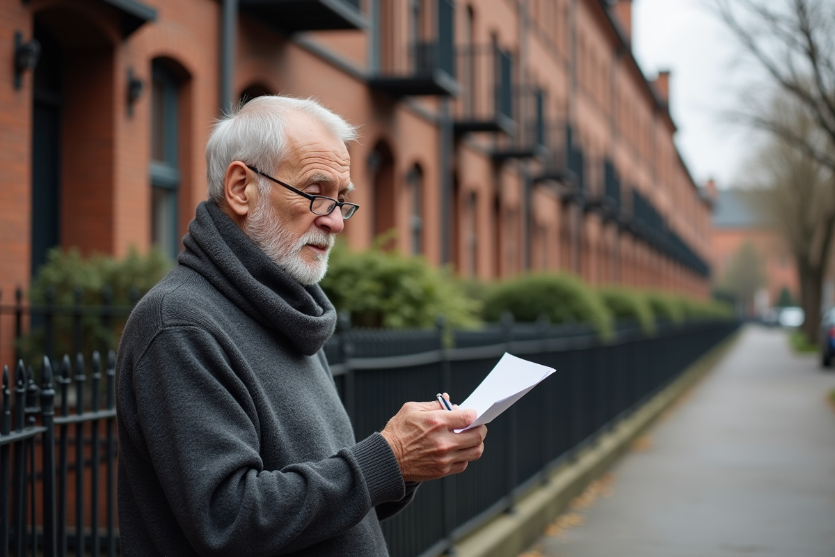 Homme âgé lisant une lettre devant bâtiments résidentiels