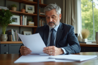 Homme d'affaires lisant des papiers dans un bureau moderne
