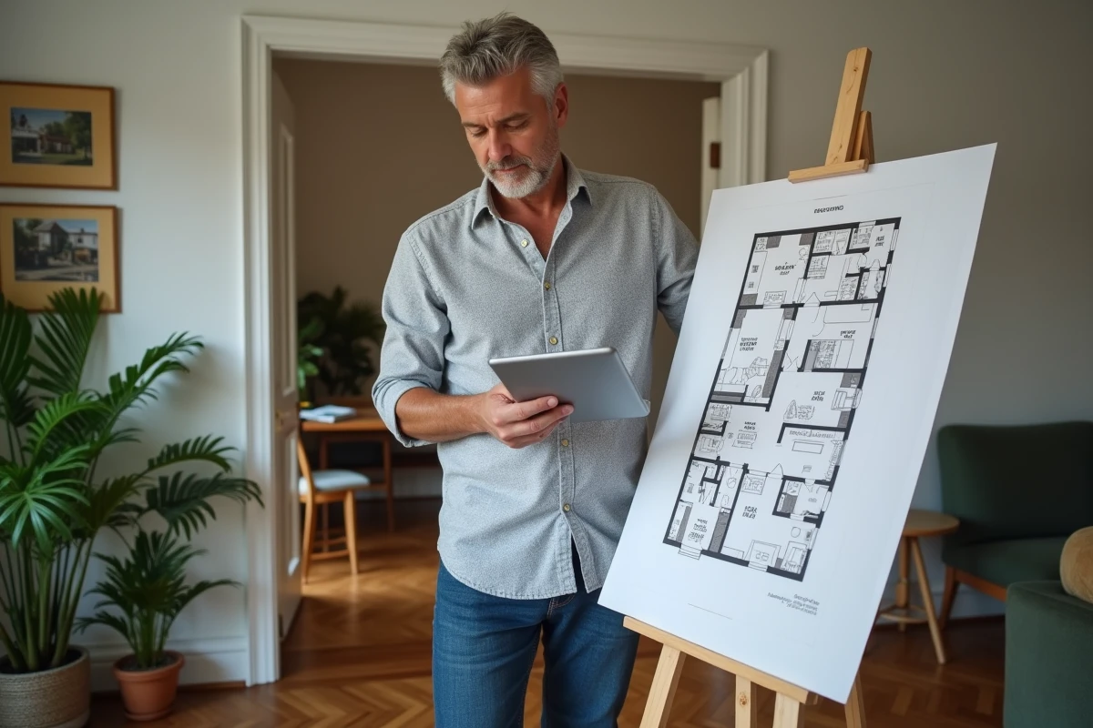 Homme examinent un plan immobilier dans un salon