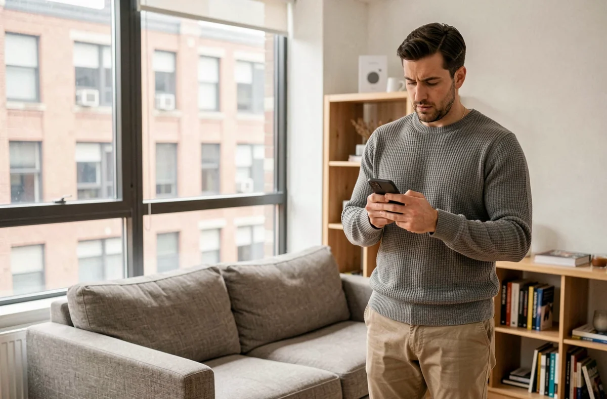 Homme locataire recherchant la meilleure assurance habitation sur son smartphone dans son salon