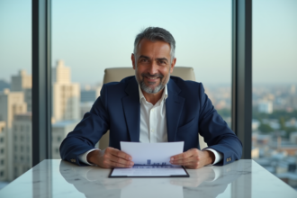 Homme marocain en costume bleu dans un bureau moderne
