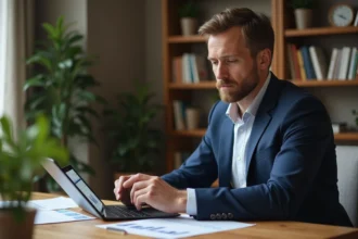 Homme consultant des documents financiers et une tablette sur un bureau en bois pour construire son patrimoine via la méthode IDR