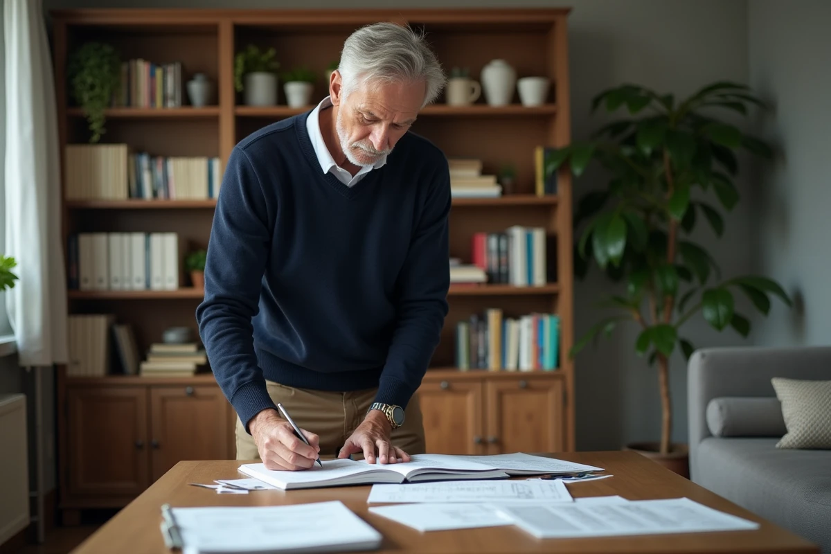 Homme notant des chiffres dans un salon organisé