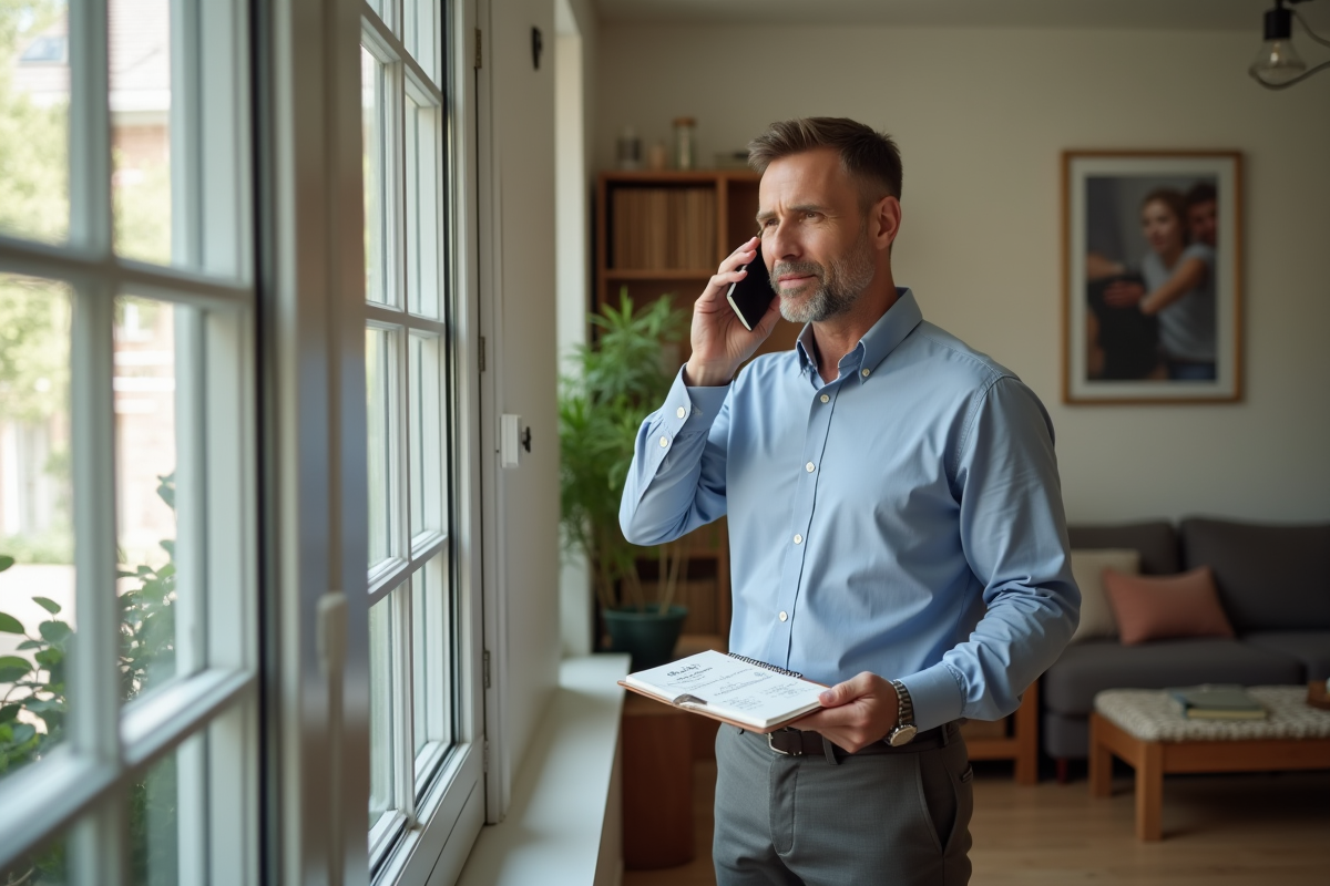 Homme d age moyen parle au téléphone avec un carnet de notes dans un salon lumineux