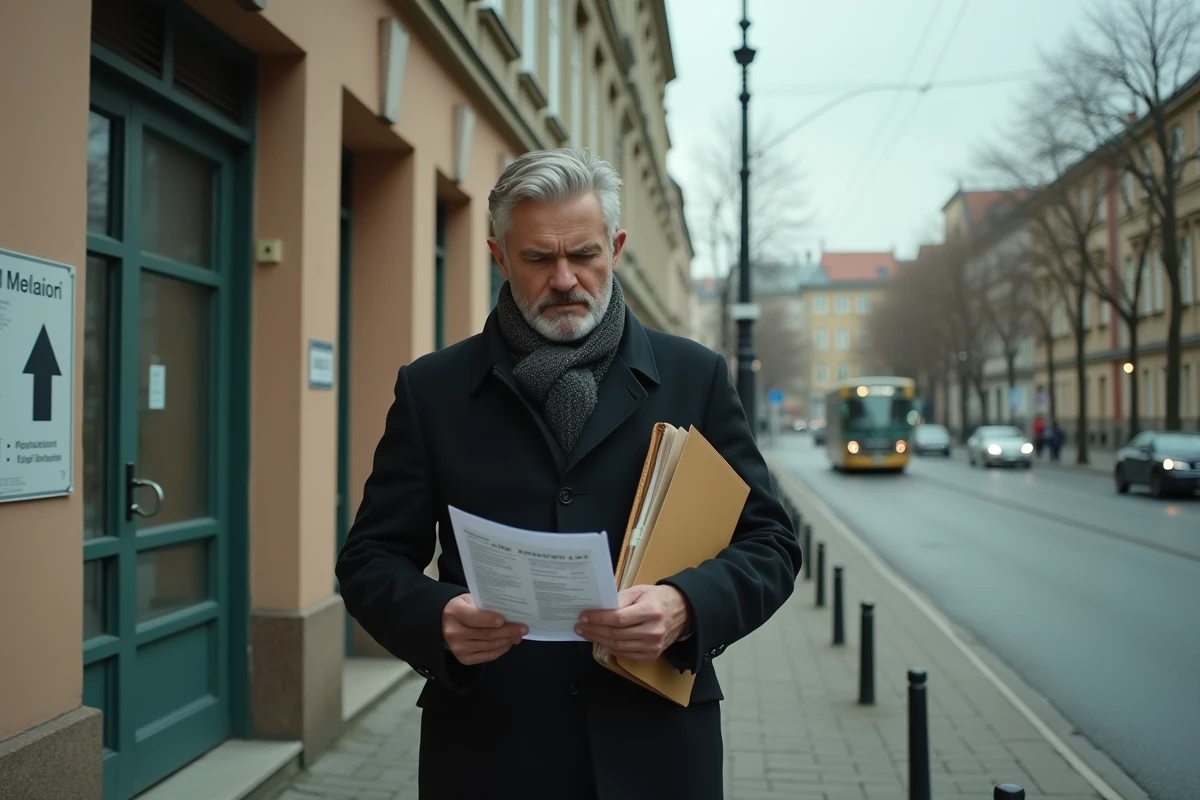 Homme marchant dans une rue résidentielle de Prenzlauer Berg avec des documents de location d'appartement à Berlin-Est