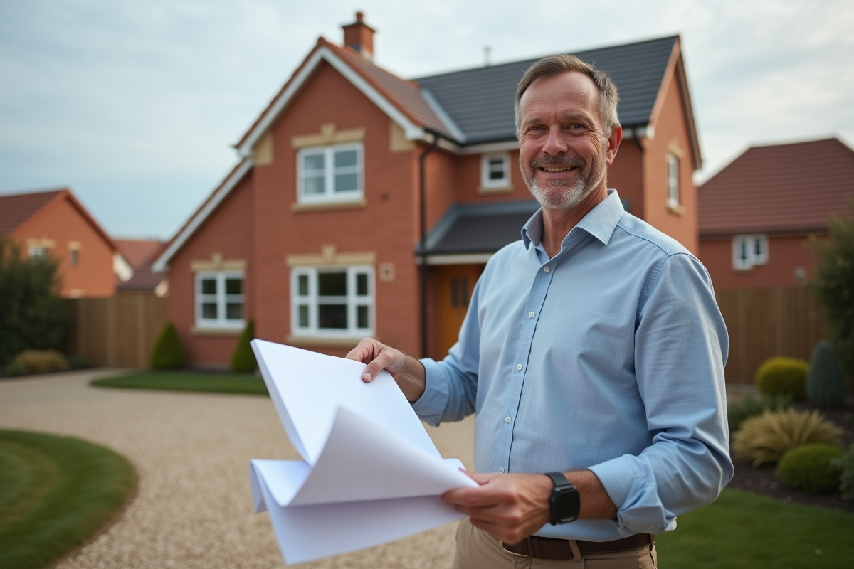 Homme souriant tenant des plans devant une maison rénovée