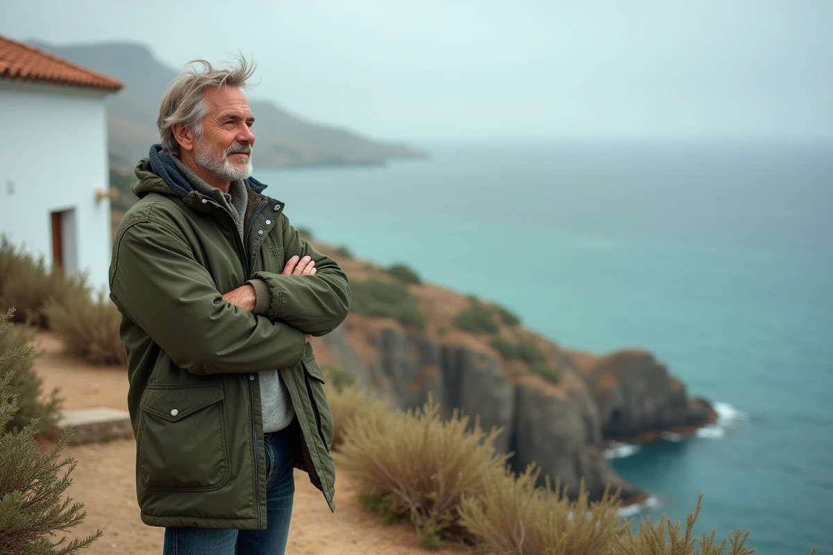 Homme résidant à l'année dans une maison avec vue sur la mer Méditerranée en hiver, contemplant l'océan depuis le jardin en bord de falaise