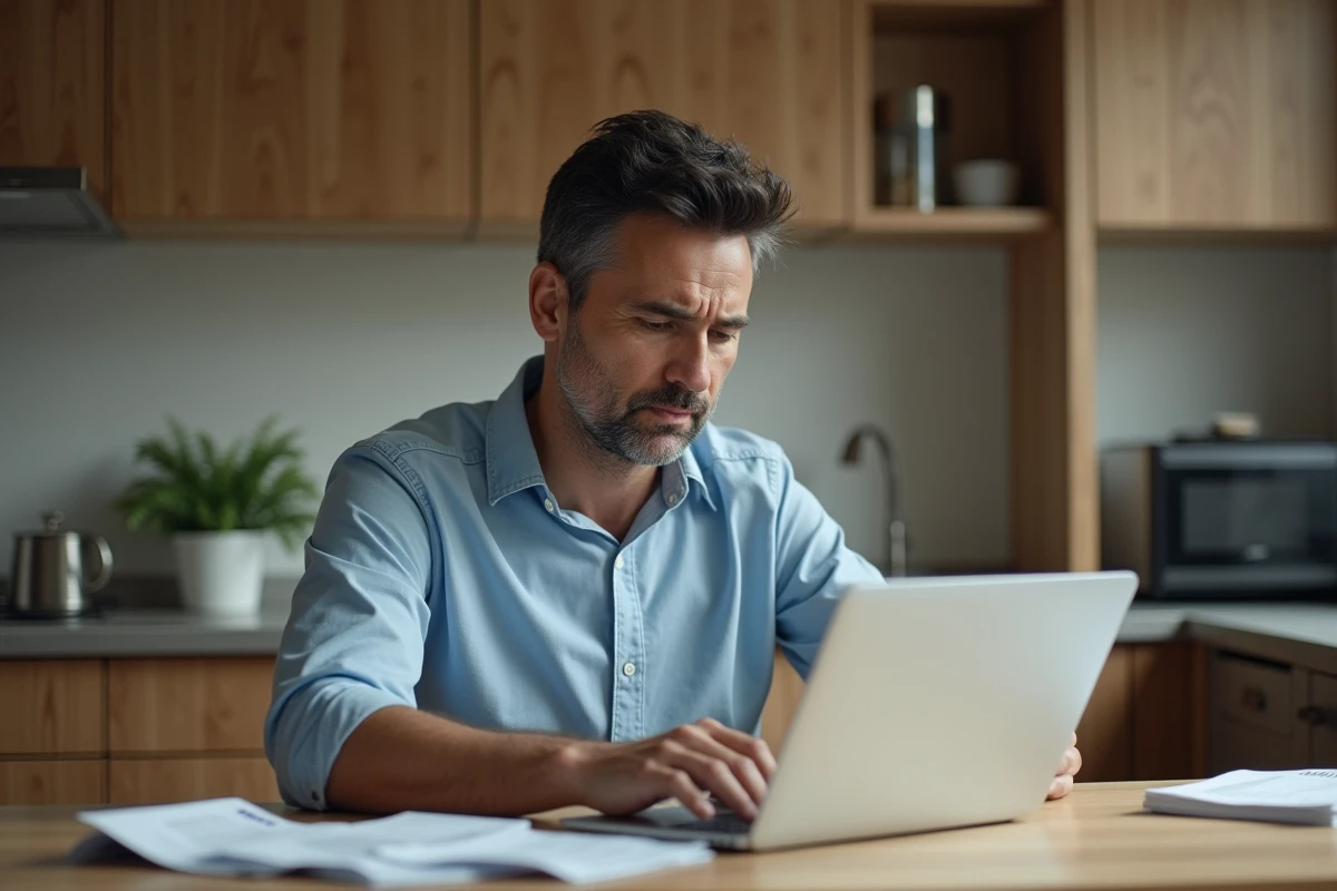 Homme d'âge moyen regardant des factures dans la cuisine