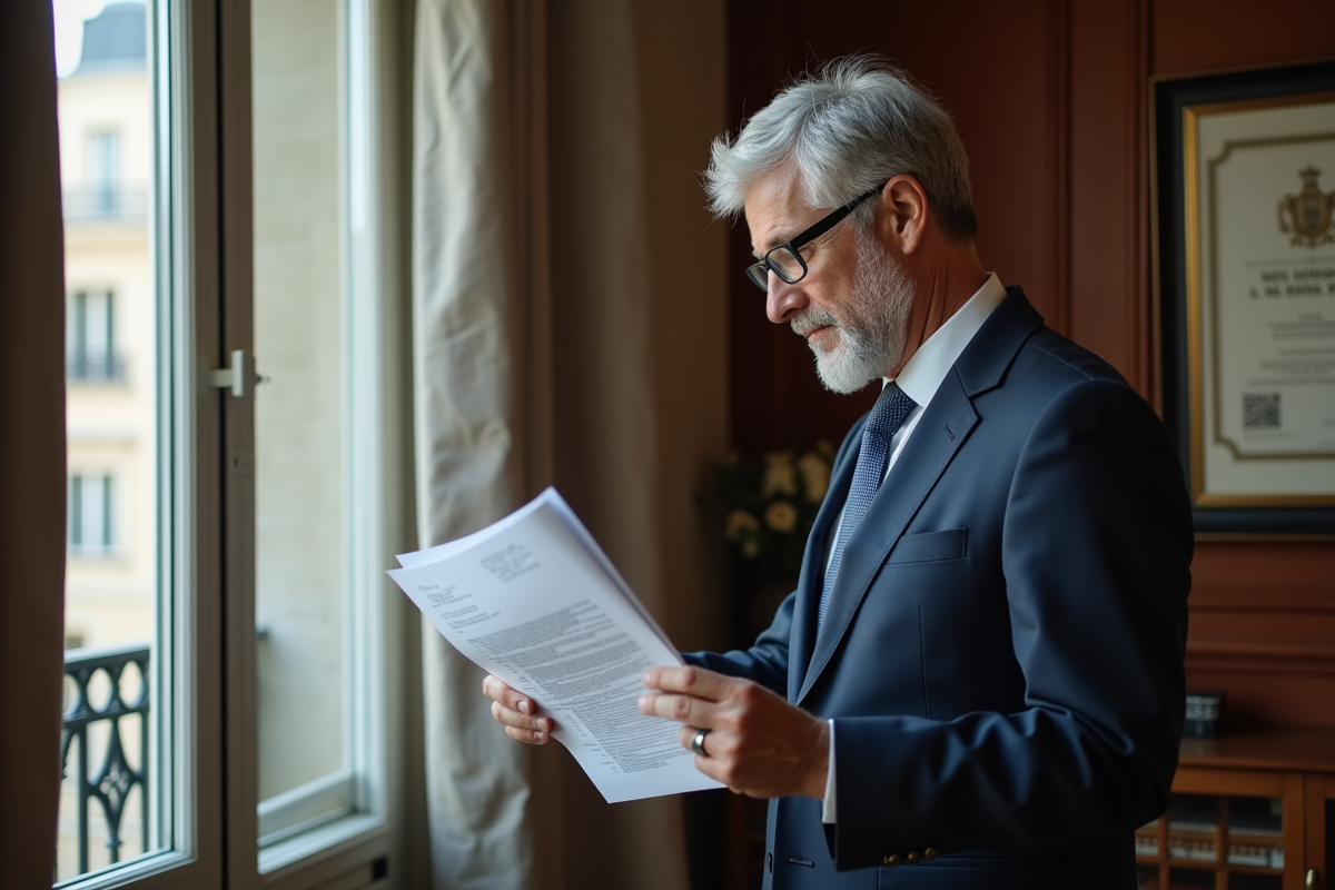 Homme d age examinant documents de location immobiliere