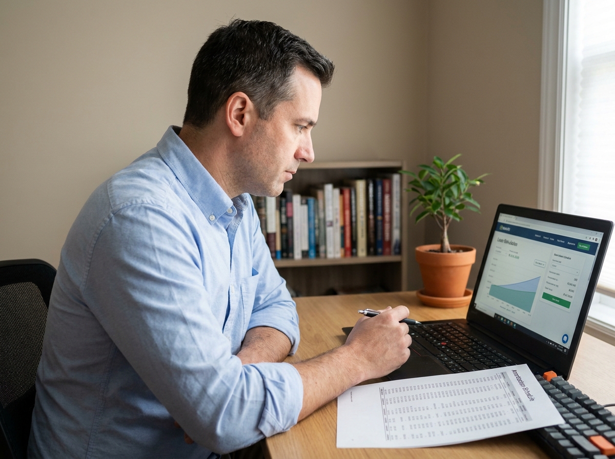 Homme consultant une simulation de crédit à la consommation sur ordinateur