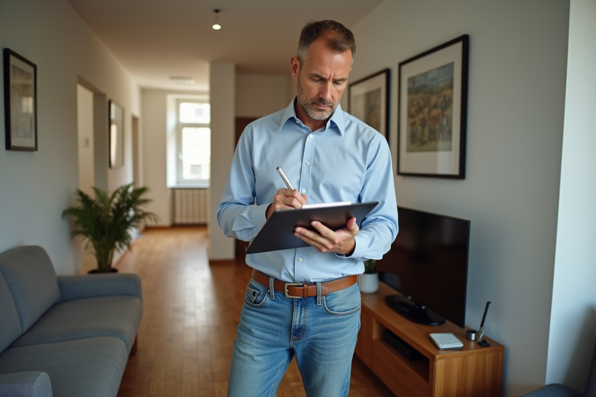 Homme examine un studio meublé en prenant des notes