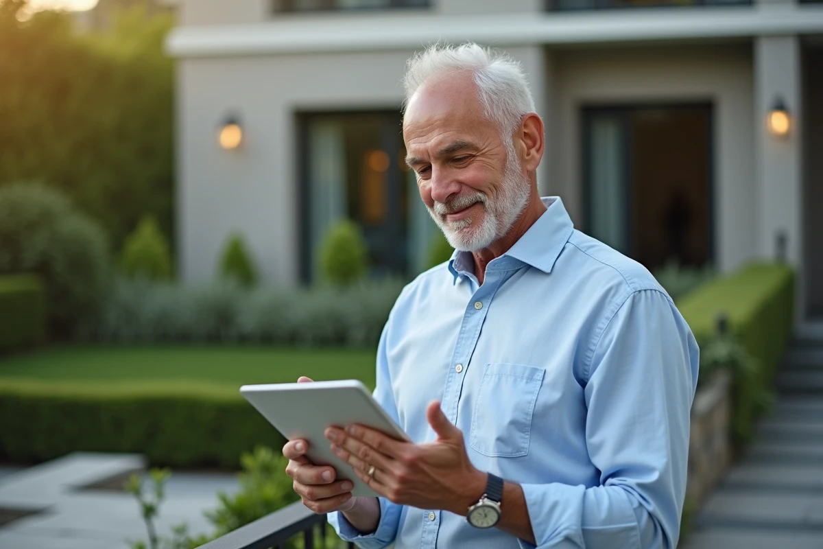 Homme vérifiant une réservation sur une tablette en extérieur