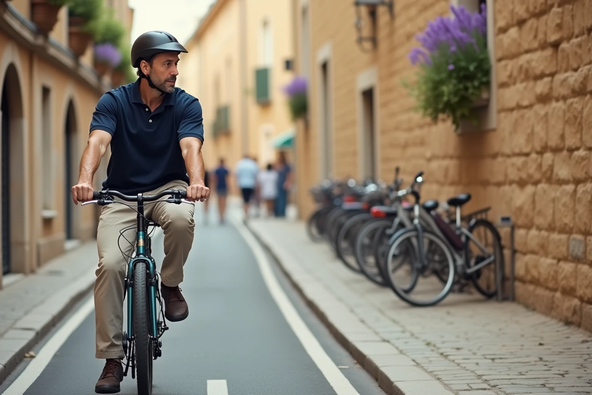 Homme à vélo sur une piste cyclable longeant les remparts historiques d'Avignon en centre-ville