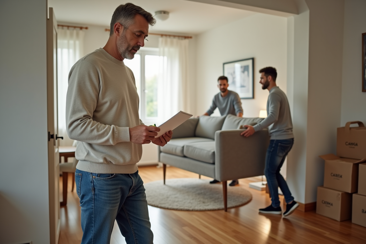Homme vérifiant une liste de déménagement dans un appartement moderne