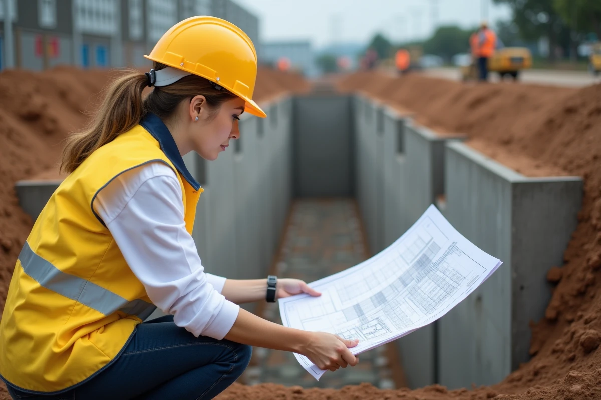 Ingénieure en génie civil lisant un plan en coupe sur un chantier de construction en extérieur