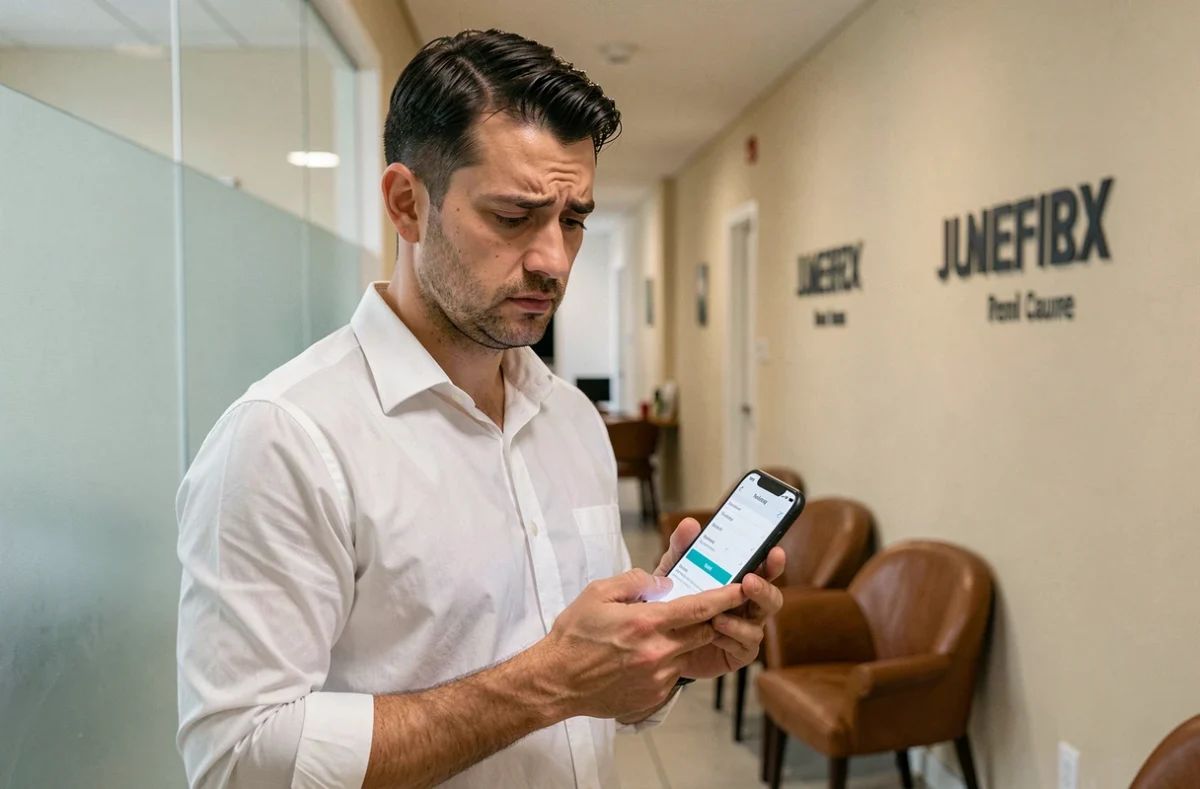 Homme consultant un formulaire d'inscription à un compte immobilier sur son smartphone dans une agence