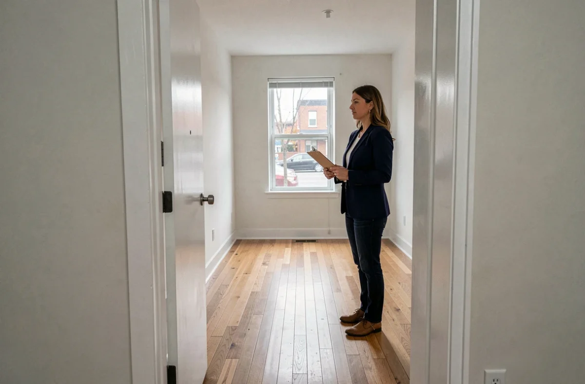 Propriétaire inspectant un appartement locatif vide dans le cadre d'une vérification avant mise en location