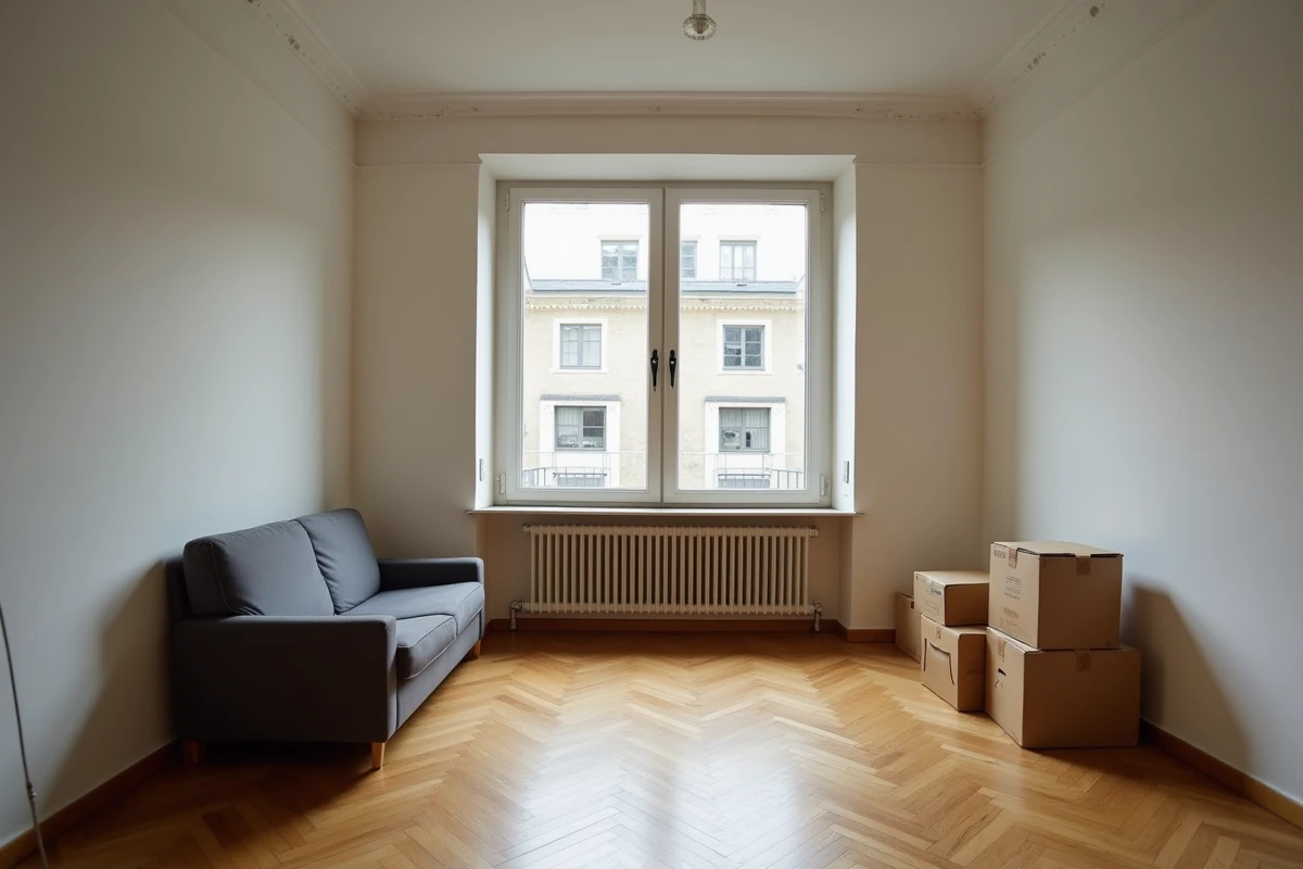Intérieur d'un appartement meublé en location longue durée à Berlin-Est avec parquet ancien et vue sur cour intérieure