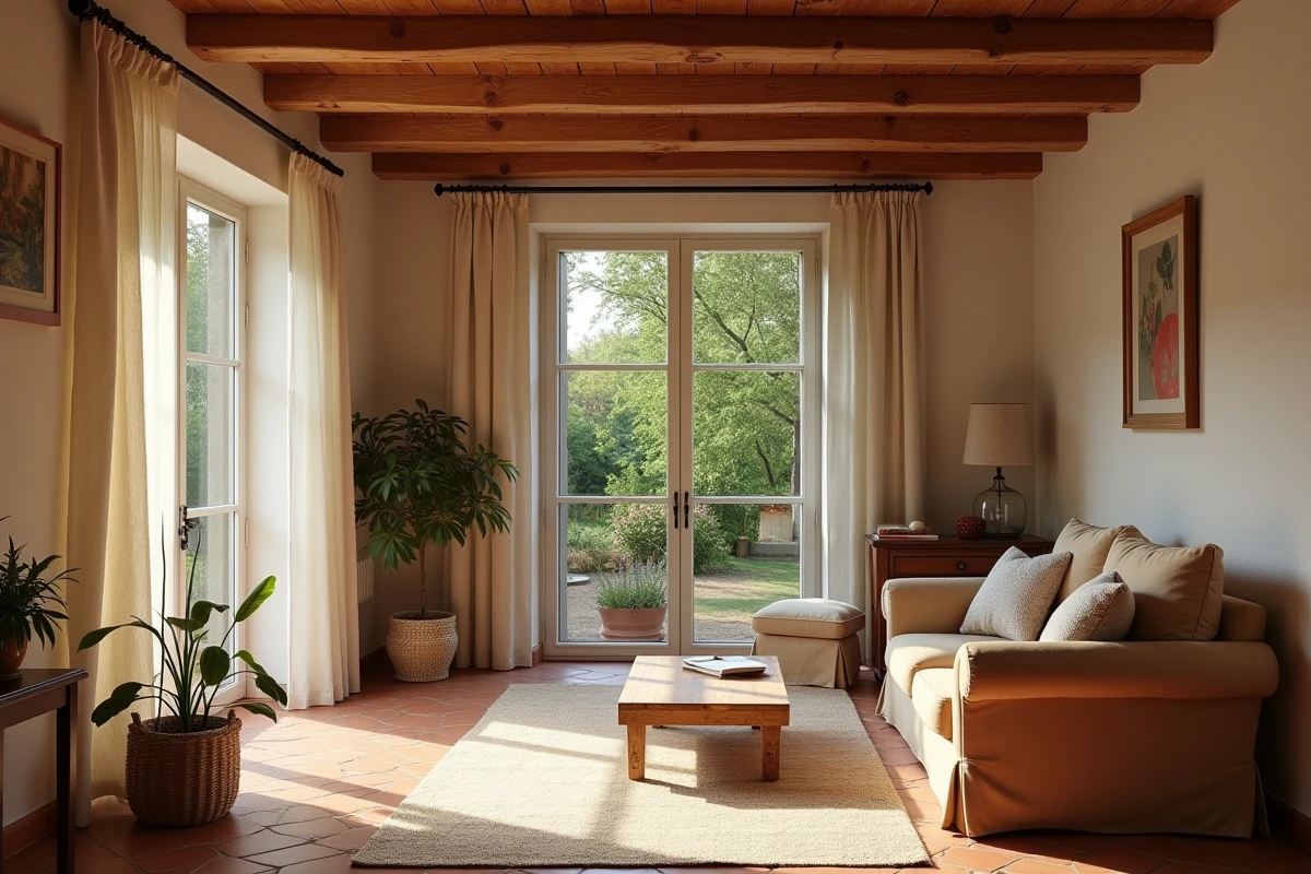 Intérieur chaleureux d'une petite maison en location longue durée avec jardin visible depuis le salon en Saône-et-Loire
