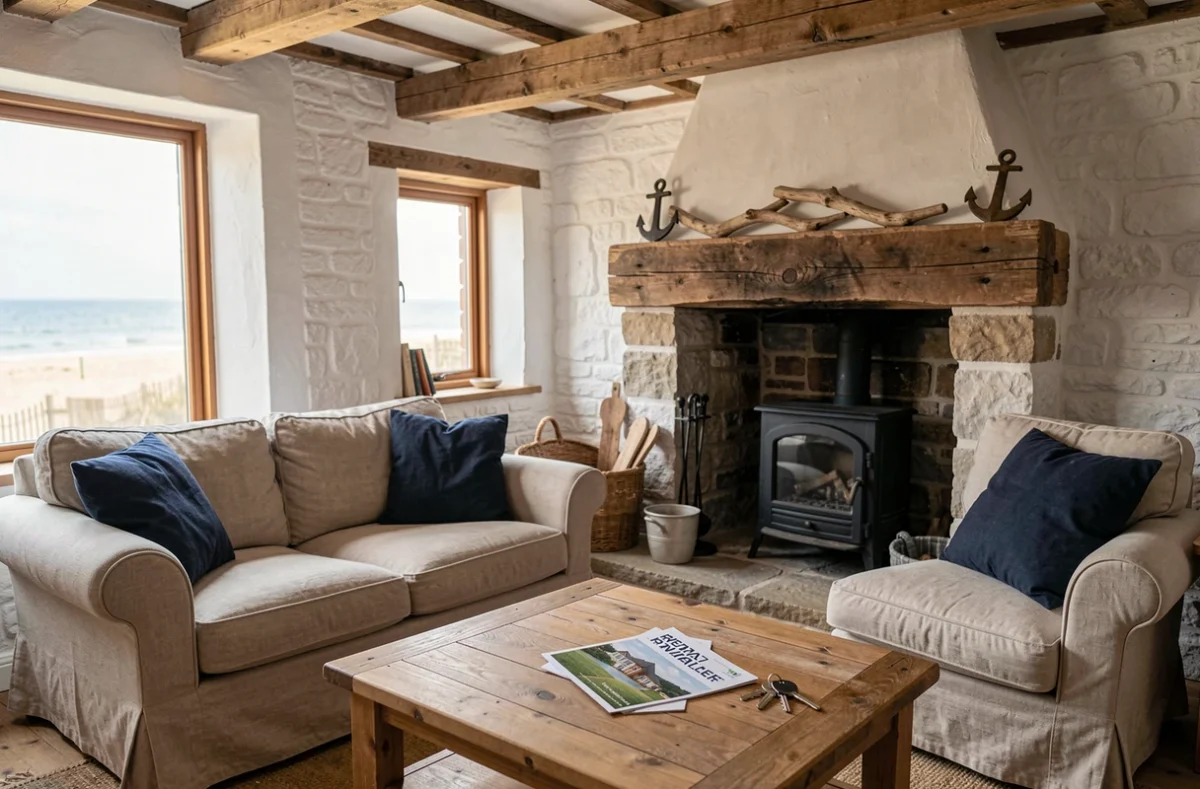 Intérieur cosy d'une maison normande en location saisonnière avec poutres apparentes et décoration maritime au bord de mer