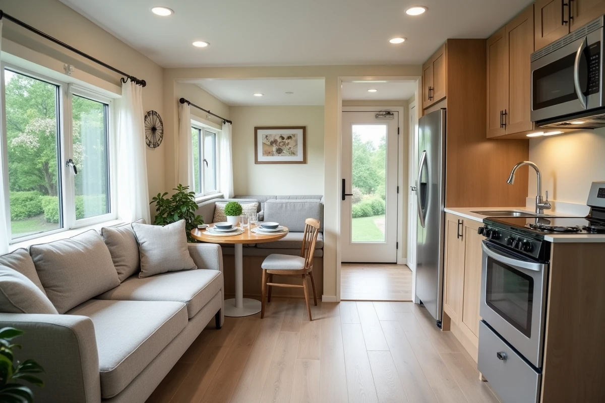 Intérieur soigné d'un mobil home prêt à être mis en vente avec décoration neutre