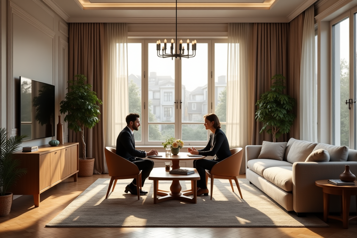 Salon lumineux d une residence secondaire avec agent immobilier