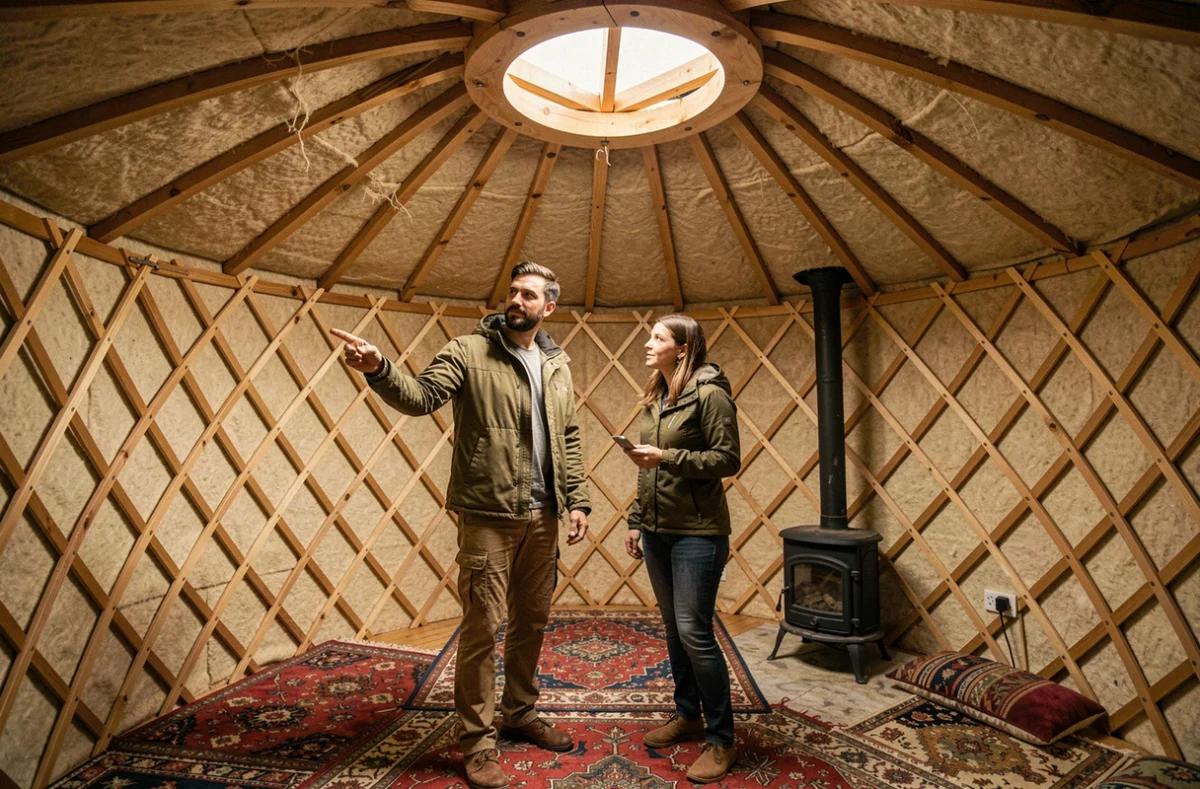 Intérieur d'une yourte d'occasion inspectée par un couple examinant la structure en bois et les panneaux isolants en feutre