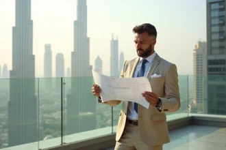 Investisseur immobilier consultant des plans architecturaux sur une terrasse avec vue sur le skyline de Dubaï