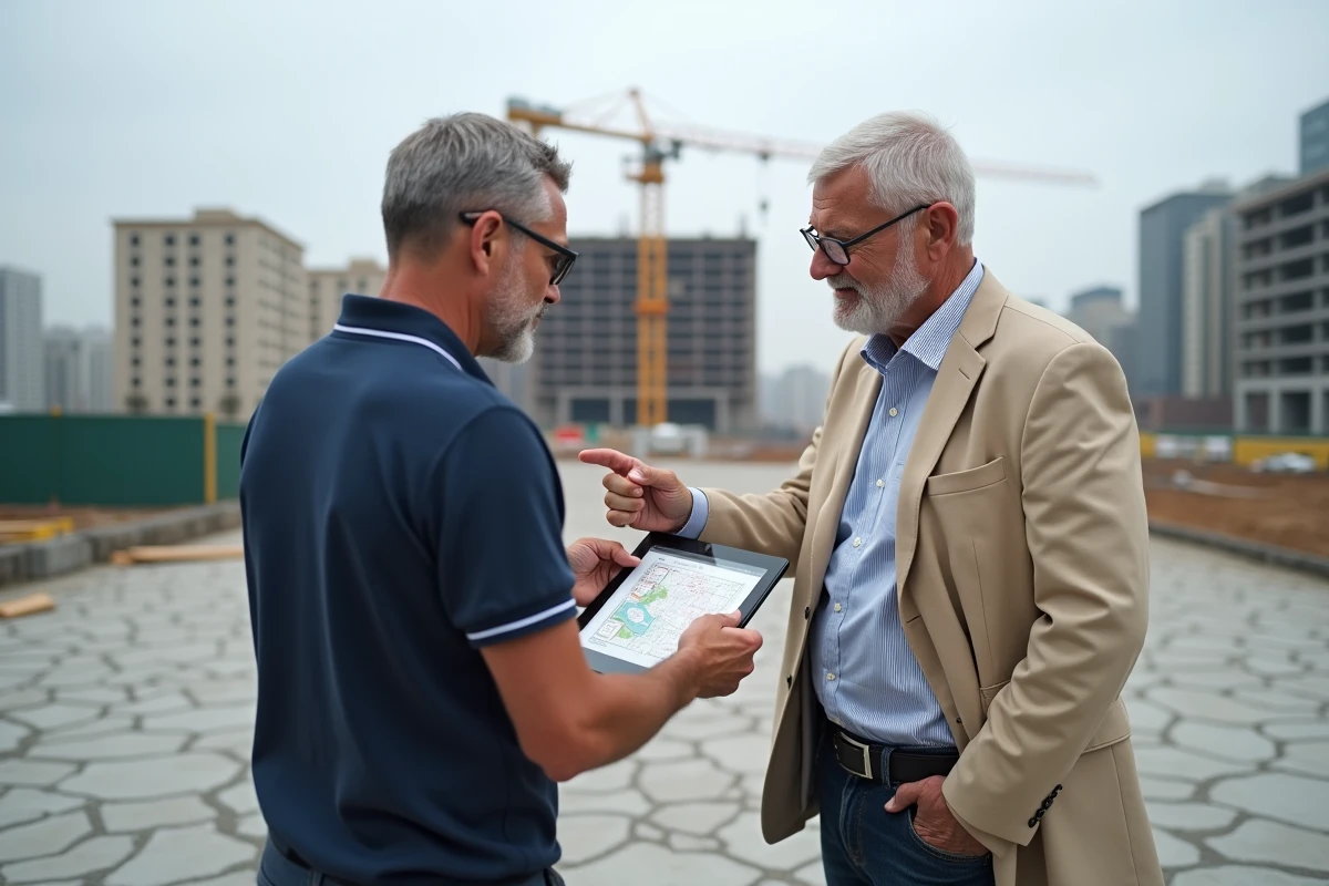Deux investisseurs immobiliers consultant une carte de zonage sur une parcelle urbaine