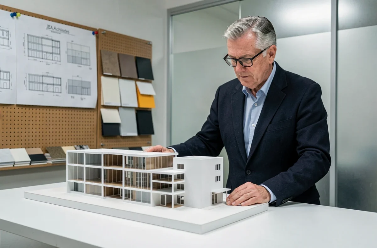 Jacques Boucheton de JBA Architectes examinant une maquette architecturale dans son atelier