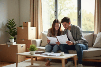 Jeune couple dans leur salon avec documents d'assurance