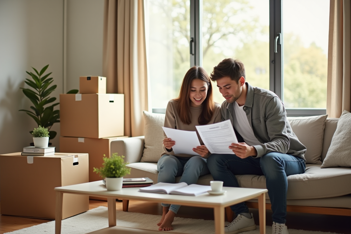 Jeune couple dans leur salon avec documents d'assurance
