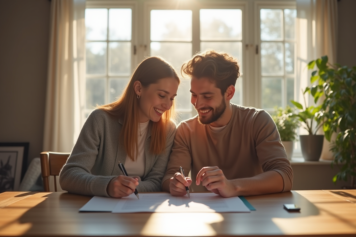 Jeune couple signant un contrat de location dans un salon lumineux