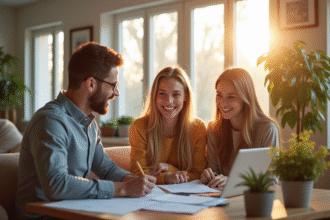 Jeune couple souriant avec agent immobilier dans un appartement lumineux