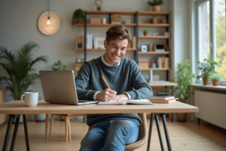 Jeune étudiant concentré à son bureau dans un appartement moderne