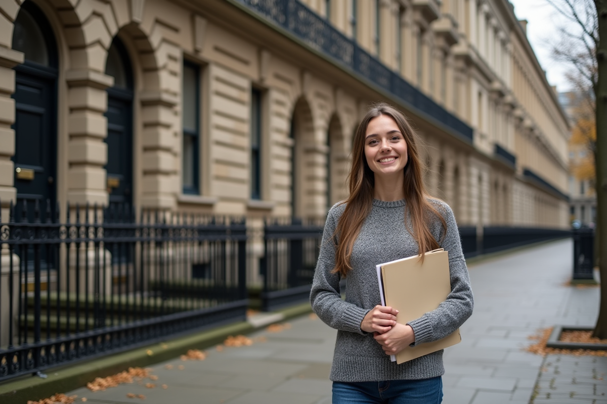 Jeune femme souriante devant un batiment historique en renovation