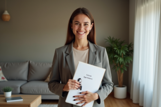 Jeune femme souriante avec clés et contrat dans un salon moderne