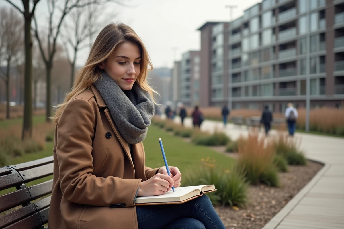 Jeune femme dessinant dans un parc de Nanterre