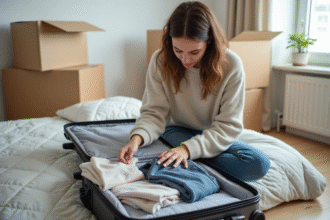Jeune femme plie des vêtements près de sa valise dans une chambre organisée