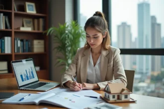Jeune femme étudiant les documents de prêt immobilier et crédit locatif dans un bureau moderne