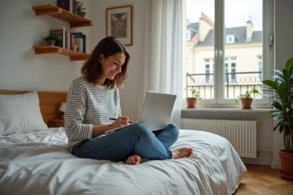 Jeune femme assise sur un lit dans un studio versaillais en train de prendre des notes