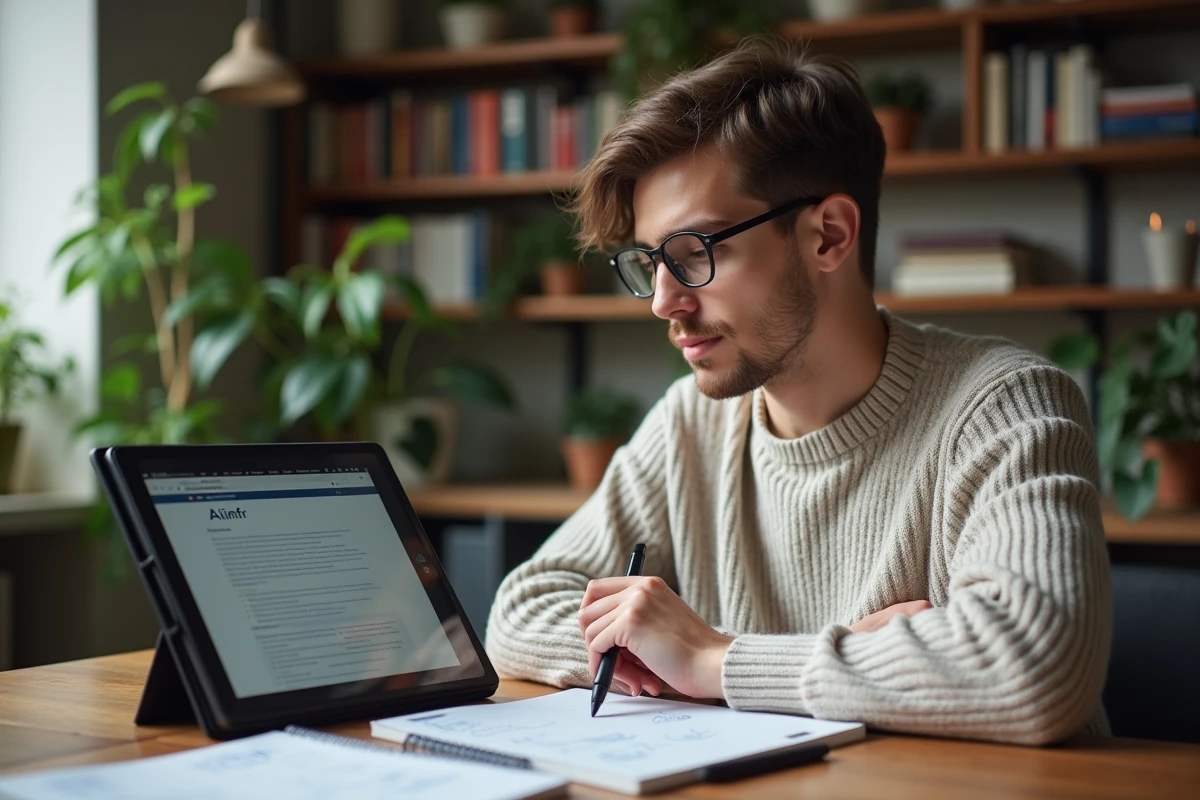 Jeune homme avec tablette et cahier dans appartement cosy