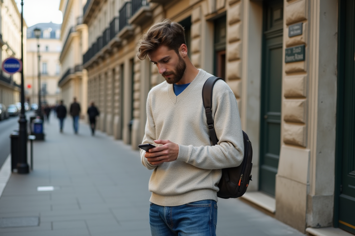 Jeune homme regardant son smartphone devant un immeuble lyonnais
